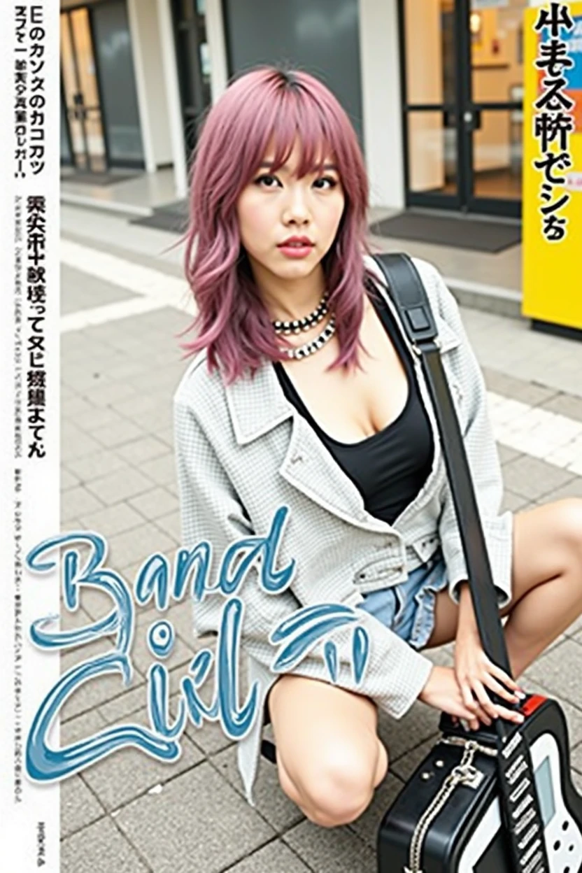 Poster layout for adult video, with text on screen: "Band Girl" and "Shocking AV Debut!"、(((Japanese woman carrying a large black guitar case))), 26 year old adult woman wearing a black crew neck top with large English letters on her chest and short blue jeans posing for a photo, busty female porn actor, dynamic pose, model pose for rock music magazine, unimaginably beautiful woman with slender curves, Japanese female fashion model, (((very bright pink hair))), happy, thick chain jewelry around neck and arms, (((in front of a strip theater in Asakusa))), pure and beautiful smile, intelligent face, slender curves, big breasts, wearing a black t-shirt, a very small leather jacket, denim shorts, (((extreme low angle))), null, building, carrying a black guitar case with a guitar strap attached