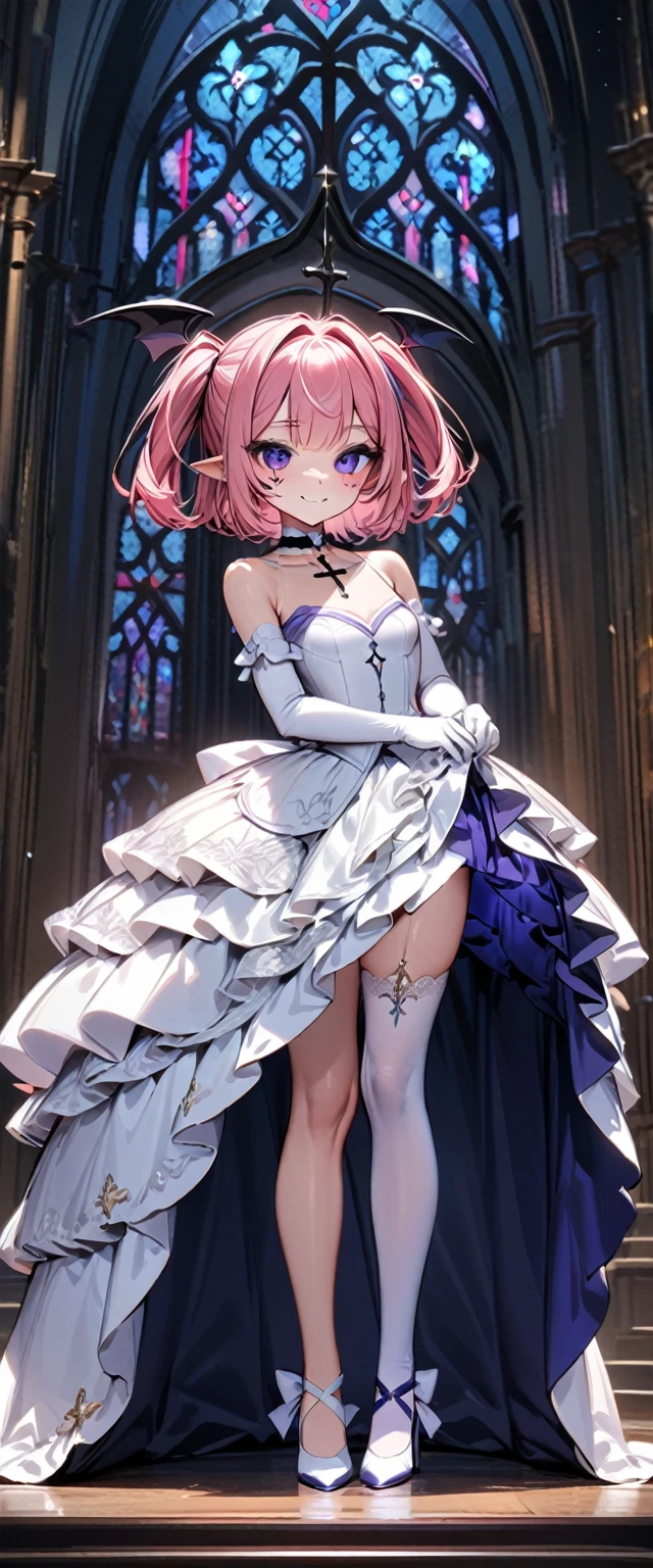 UHD, masterpiece, best quality, extremely detailed, anatomically correct, sharp focus, Midnight, Church , altar isle, 1girl, solo, (close-up), camilavtuber, pink hair, short hair, shoulder length hair, black head wings, (twin ponytail), purple eyes, facial mark, smiling, 1 devil wing on the back, choker with crucifix design, slim arms, white arm sleeves, white gloves, small chest, (long wedding gown), (white stockings), slim long legs, white high heels, standing up, standing upright, full body shot, full body pose, innocent pose, Eye-Level Shot, front view, innocent pose