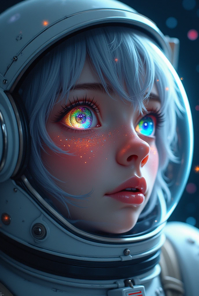 (Close-up of a better masterpiece:1.5)0.9], (Space and astronauts:1.2) (Messy silver hair:1.1) (Heterochromia xanthochromia and blue eyes:1.2) (Space Helmet:1.0) (Colored stars in the eyes:1.0) (A radiant glow:1.1) (thick lips:0.9)