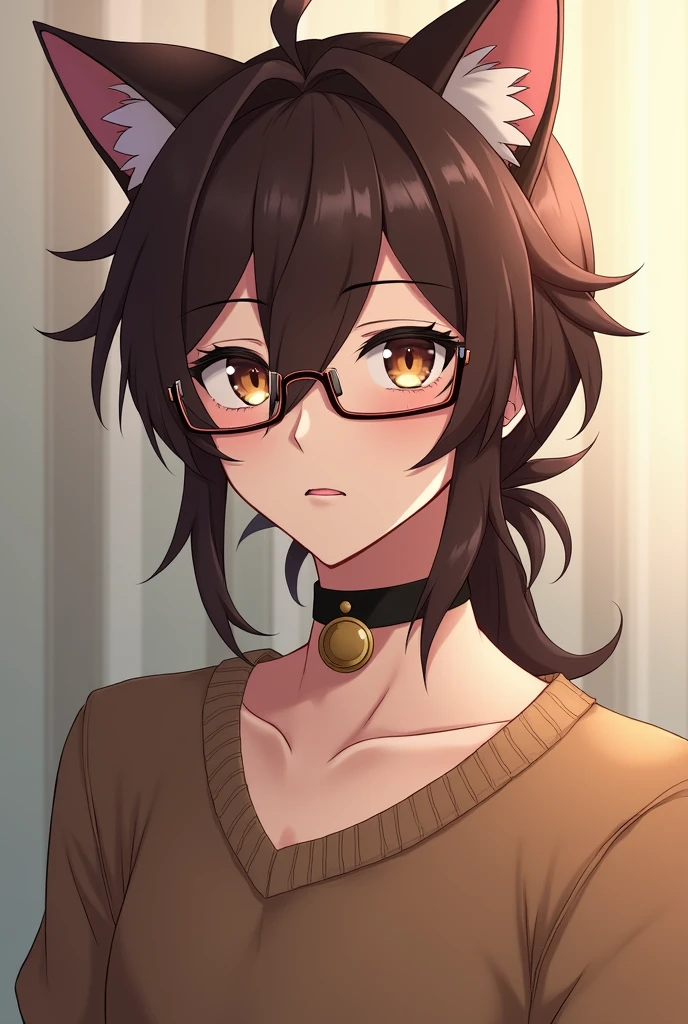 anime cat male in his 20s, lithe masculine frame, long brown hair, looking at viewer, bell collar around neck, wearing sweater, curious expression, blur eyes and glasses