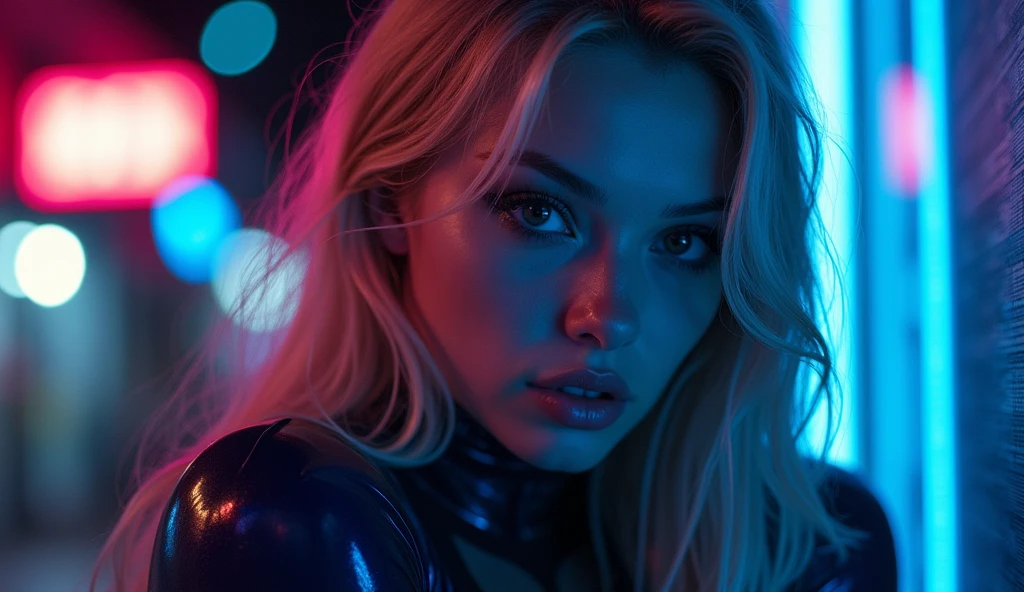 ((best quality)), ((masterpiece)), (detailed), ((background Cyber)), wet look, ((blond long Hair)), ((Intricate detailing, in the night time, Contre-Jour, random neon color, View from afar, random pose, blue latex bodysuit, face focus, hell picture, light face))