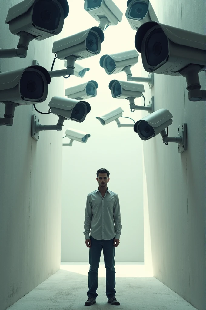 Man being watched by 100 cameras