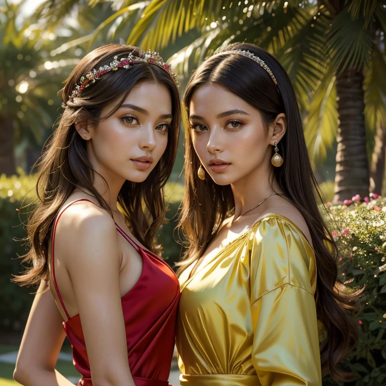 (masterpiece, best quality:1.5), highest quality, High resolution, super detailed, Realists, Full body photo of black haired woman, long open straight hair, detailed and beautiful eyes, beautiful detailed lips, very detailed eyes and face, longeyelashes, Woman in silver and pink evening dress made of shiny satin fabric, Beautiful and colorful makeup, elegant and noble々Pose, Satin headbands and jewelry, Gardens as background, soft daylight, bright colors, fine brushstrokes, Portrait style, Plain dress fabric, beautiful color palette, glowing skin, First-class rendering, that captures every detail, enchanting atmosphere, subtle shadows and lights, (perfect anatomy:1.2), (Two stunning women with their mouths open. Surprised look