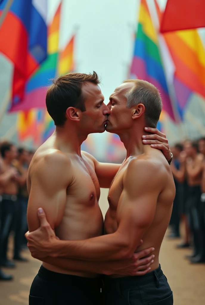 Macron kissing Putin with rainbow flags in the background while both are shirtless