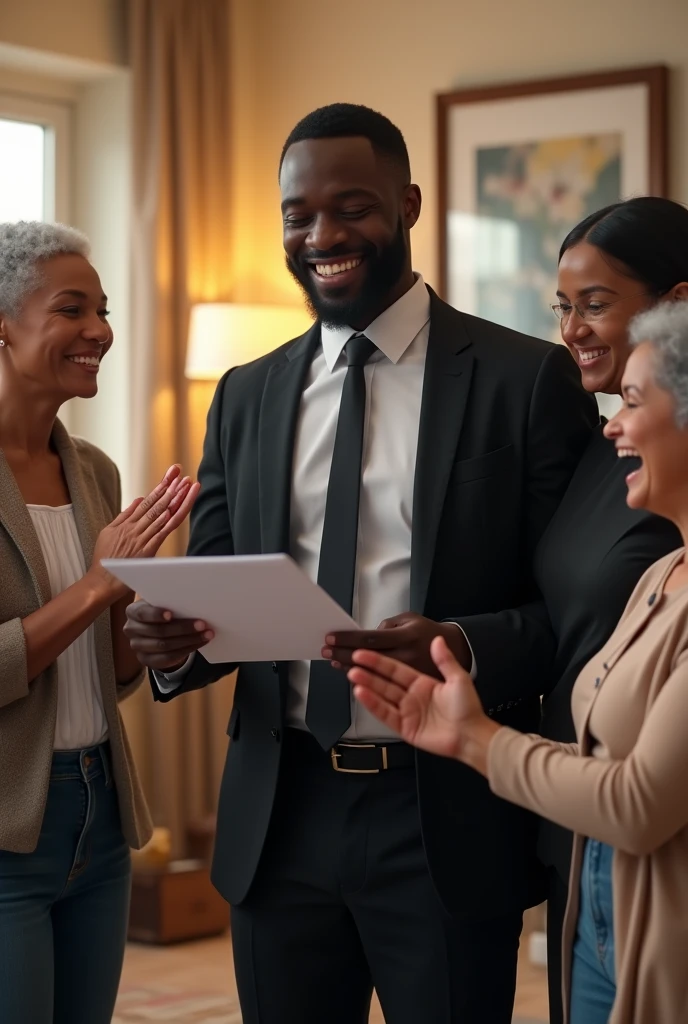 
A photorealistic scene depicting a moment of triumph and family togetherness. A young African legal professional, in a black suit, radiates joy as he shares the news of passing the Bar exam with his family. The family members, dressed casually and spanning various ages, including aging parents and younger siblings, are engaged in different activities—some looking at the news, others reacting with smiles or applause. The setting is a bright, modern living room that exudes warmth and comfort, emphasizing the safety and coziness of home. The scene captures the celebration without physical hugs, focusing on the shared excitement and support.