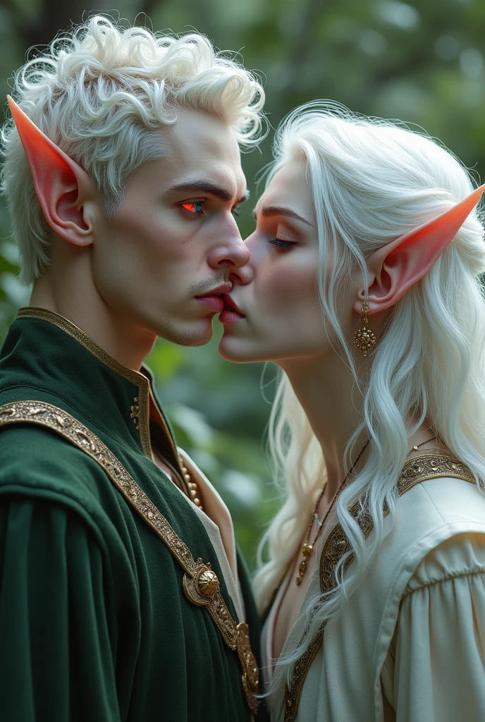 Two male elves with a pale skin. One is beautiful man with a short white curled hair, elven ears and red eyes. He is kissing another elf, a male with long white hair and silver eyes, his cheekbones wide and his nose aquiline. Both males appeared to be about 40