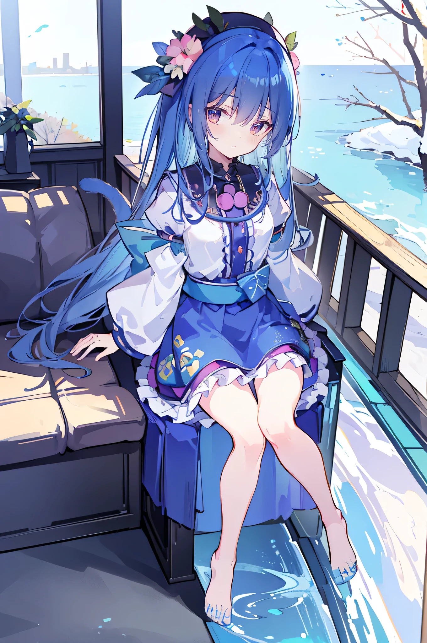 (masterpiece:1.2),Ultra-detailed,lifelike,The eyes are expressive,Fair skin,Perfect face shape,1 girl,
Japanese Manga,Gorgeous blue hair,Flowing blue hair,Flowing clothes,Cat's ears,Petals falling,Beautiful Lola,little angel,
Cross your legs,Gentle and peaceful background,The pavilion is cool and comfortable,Smile,Tokyo background,background,snow,winter,Back。