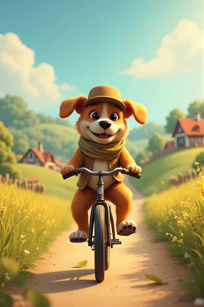 A Dog Riding bicycle in a sunny day in outskirt area