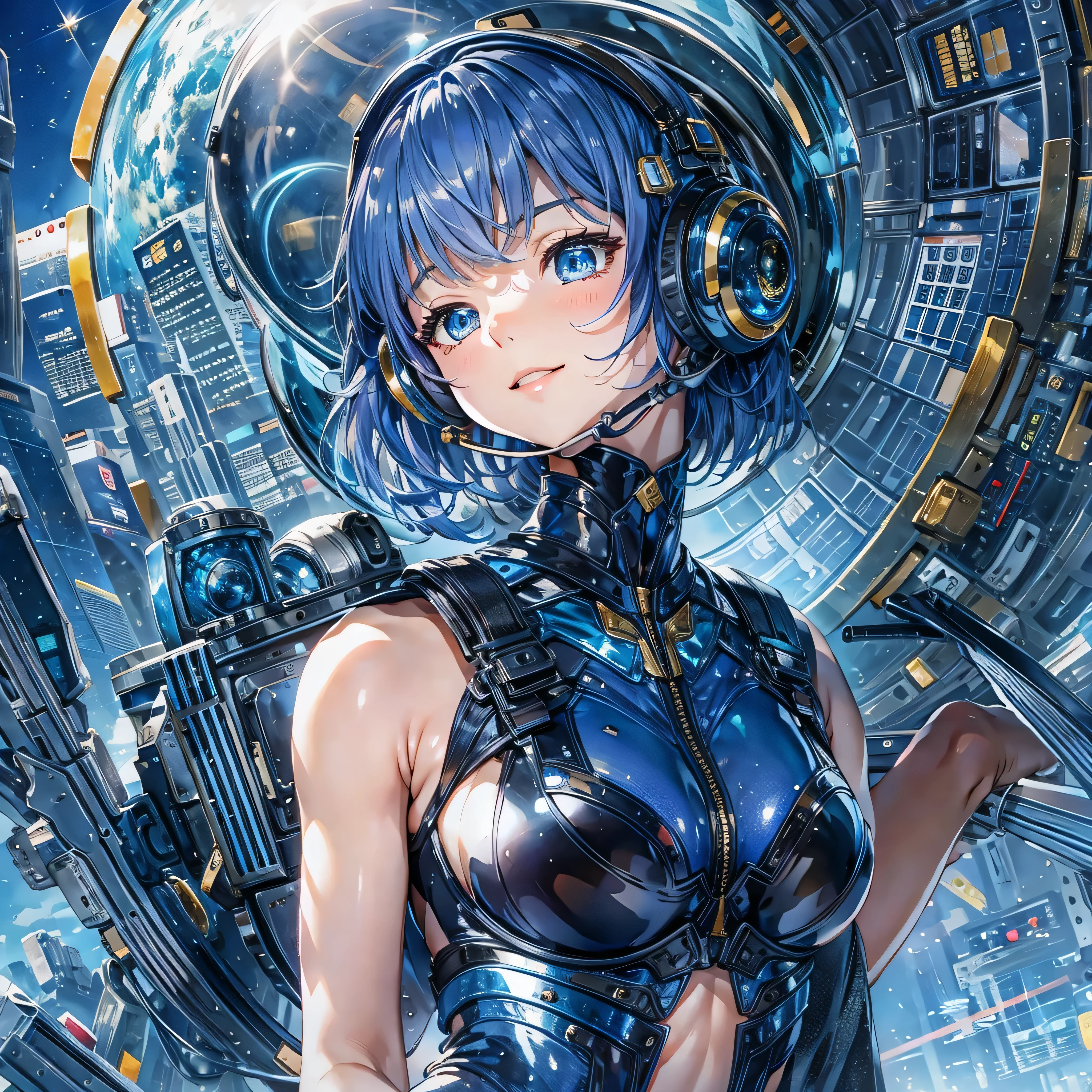 (masterpiece、Highest quality、Highest Resolution、Clear_image、Detailed details、Angle from above): (Whole body、One 20 year old girl、Japanese Faces、Small Face、Slender、Navy blue super short bob cut hair、(Hidden small breasts:1.3)、Sparkling blue eyes、Shiny pilot suit in blue and black colors、Chest protection armor、Tight fitting clothes、Clothing that covers the whole body、Glamorous clothes、Tight Fit Pants、Hide your skin、Very delicate and beautiful、Detailed Skin、hide thighs、Hide your ass、Cute、A gentle smile、Soft expression、heroine、headset、Knee-high boots、Elbow-length gloves、Eye Level Shot、Face directly、Woman on a spaceship)