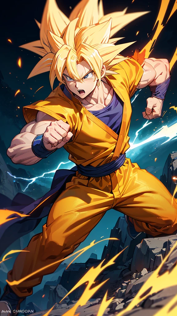 a super saiyan goku, highly detailed, dynamic pose, muscular body, glowing yellow aura, spiky golden hair, piercing blue eyes, clenched fists, powerful expression, epic landscape, cinematic lighting, colorful energy effects, digital art, photorealistic, unreal engine, 8k, detailed face and anatomy