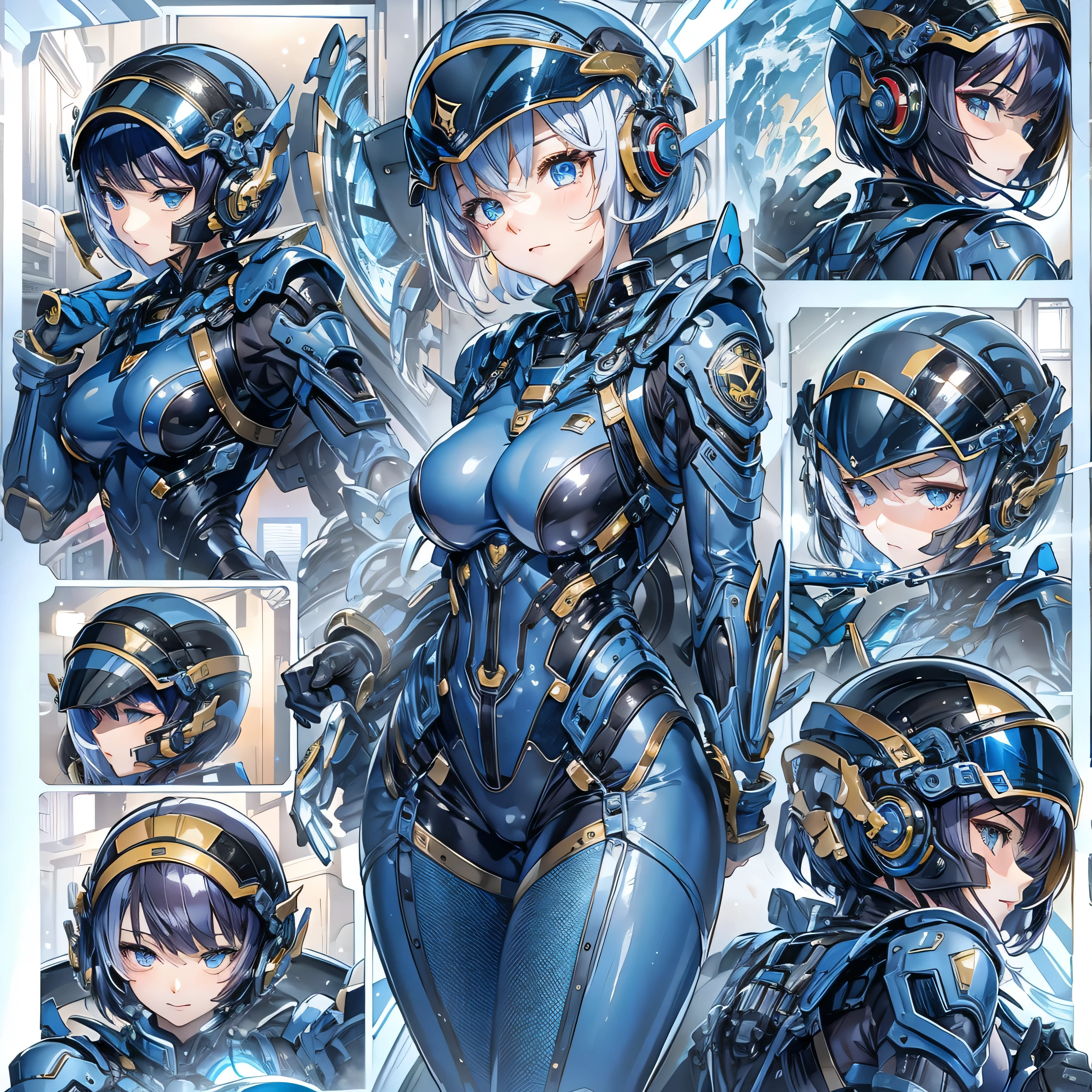 (masterpiece、Highest quality、Highest Resolution、Clear_image、Detailed details、Angle from above): (Whole body、One 20 year old girl、Japanese Faces、Small Face、Slender、Navy blue super short bob cut hair、(Hidden small breasts:1.3)、Sparkling blue eyes、Shiny pilot suit in blue and black colors、Chest protection armor、Tight fitting clothes、Clothing that covers the whole body、Glamorous clothes、Tight Fit Pants、Hide your skin、Very delicate and beautiful、Detailed Skin、hide thighs、Hide your ass、Cute、A gentle smile、Soft expression、heroine、headset、Knee-high boots、Elbow-length gloves、Eye Level Shot、Face directly、Woman on a spaceship)