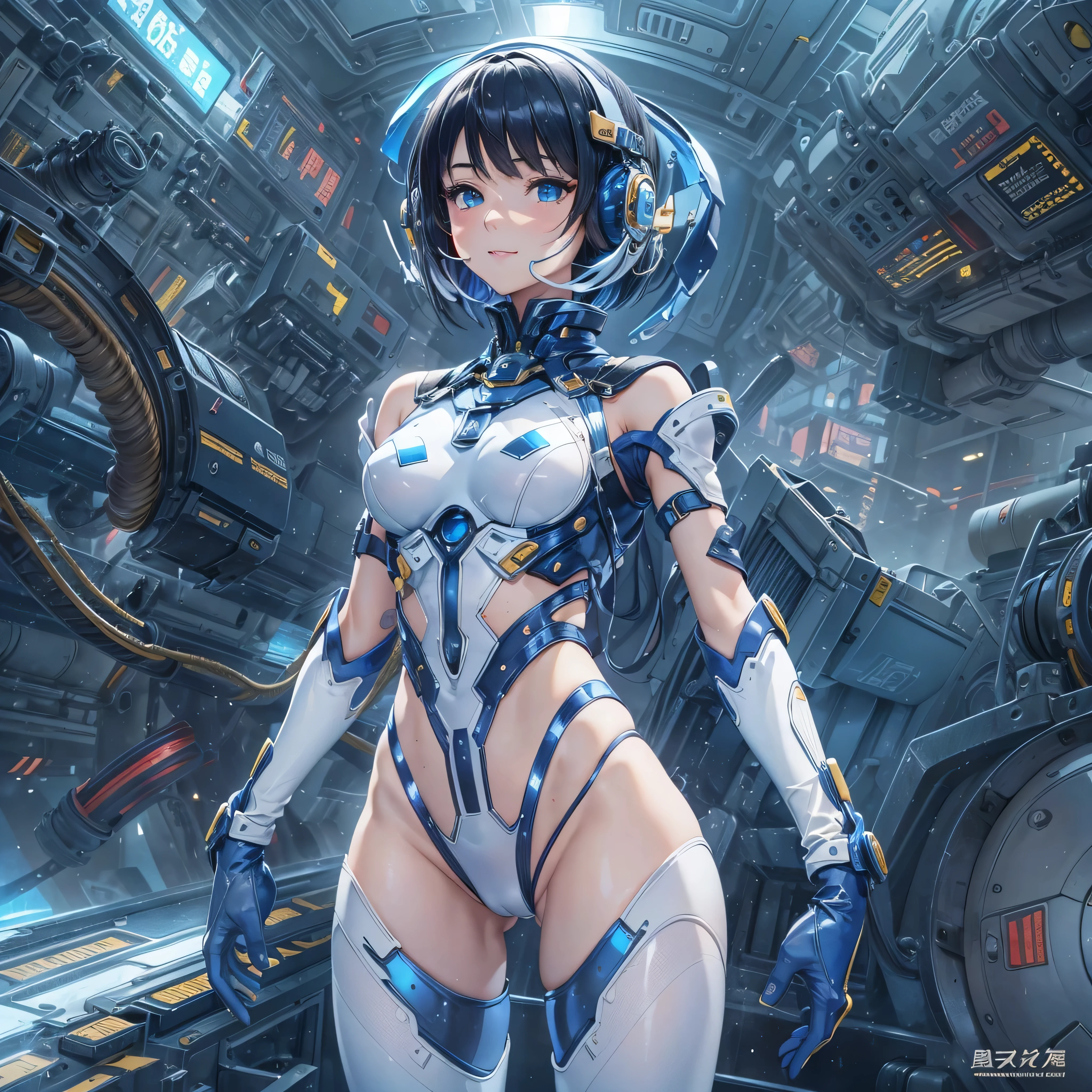 (masterpiece、Highest quality、Highest Resolution、Clear_image、Detailed details、Angle from above): (Whole body、One 20 year old girl、Japanese Faces、Small Face、Slender、Navy blue super short bob cut hair、(Hidden small breasts:1.3)、Sparkling blue eyes、Shiny pilot suit in blue and black colors、Chest protection armor、Tight fitting clothes、Clothing that covers the whole body、Glamorous clothes、Tight Fit Pants、Hide your skin、Very delicate and beautiful、Detailed Skin、hide thighs、Hide your ass、Cute、A gentle smile、Soft expression、heroine、headset、Knee-high boots、Elbow-length gloves、Eye Level Shot、Face directly、Woman on a spaceship)