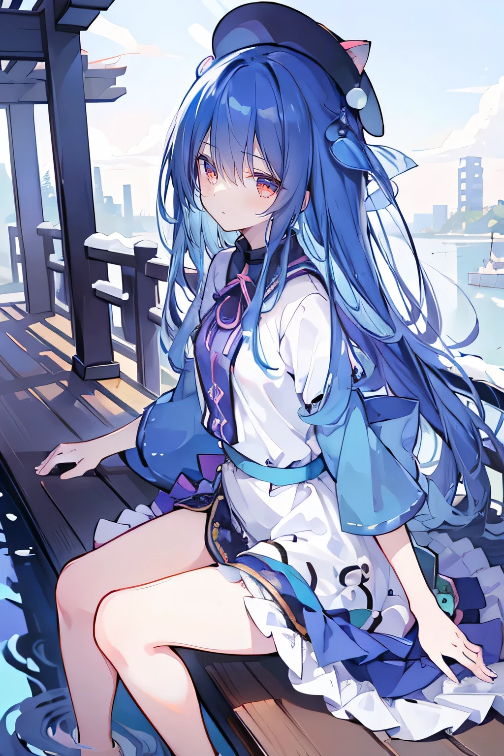 (masterpiece:1.2)，Ultra-detailed，lifelike，The eyes are expressive，Fair skin，Perfect face shape，1 girl，
Japanese Manga，Gorgeous blue hair，Flowing blue hair，Flowing clothes，Cat&#39;s ears，Petals falling，Beautiful Lola，little angel，
Cross your legs，Gentle and peaceful background，The pavilion is cool and comfortable，Smile，Tokyo background，background，snow，winter，Back。