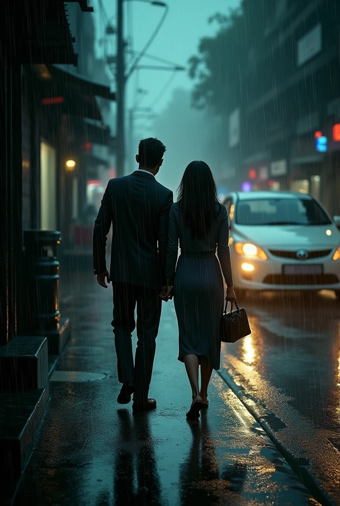 Generate an image with a moody, rainy street scene, perhaps with a silhouette couple in love walking through the rain. This can be used to introduce the line "Bombay's twisted affairs...".