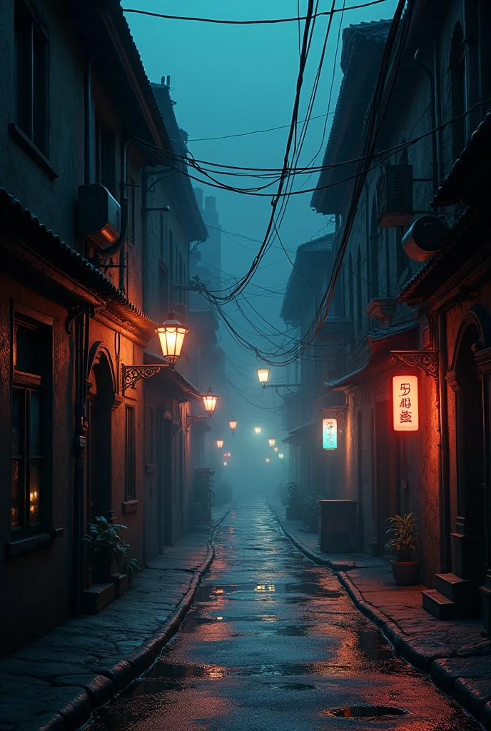 Narrow streets of city at night