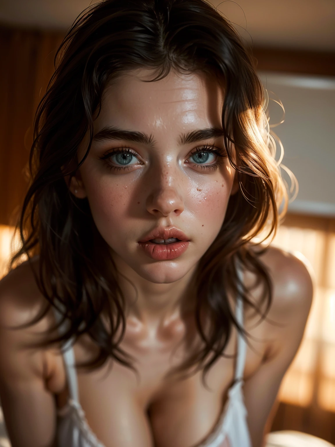 (((ultra realistic))) Photo, masterpiece, top quality, (pale skin), (Ultra detailed face and eyes:1.3), 1 girl, Adult, in a T-shirt, (Eye makeup, mascara) , ((large detailed lips)), ((ash wavy hair)), ((Chyolka)) , (Natural ), Slim waist. ((Posing)), photoshoot, studio (soft lighting), (The play of light and shadows), depth of field, bokeh, (special attention to skin detail: 1.2), Detailed leather texture, skin pores. (Airy atmosphere of the frame. Color range - delicate, Bright, white, Pink tones), UDR, ((Film grain)), ((rays)), ((glare of the sun)), ((waist up portrait, close to the camera)) , ultra detialed, immensely beautiful deepest magnetic libidinous eyes, spellbinding lustful open eyes wanting to fuck hard tiewer, extremely intense joyful loud cheering and screaming from strongest deepest orgasm excitemetremely intense eye-contact with viewer playfully begging him to wildly fuck her aroused spreet squirting pussy, into wildest ecstaom tremendously strosm, the most hardcore eroticism e