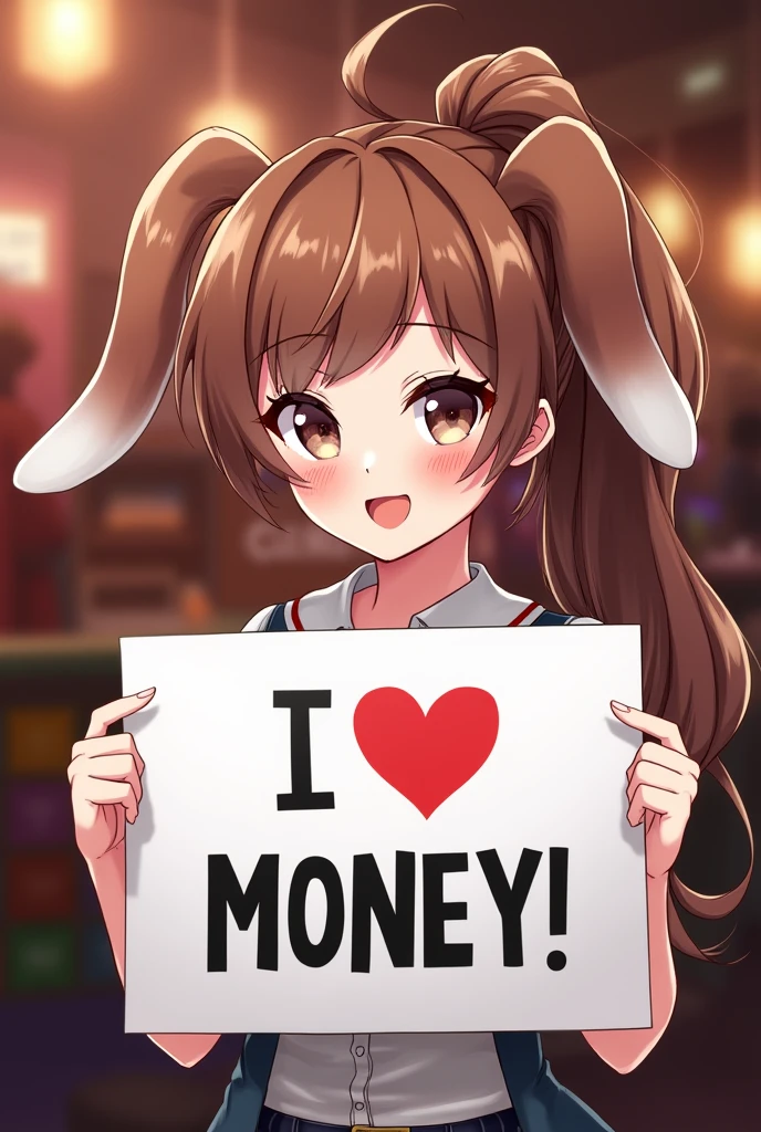 A poster with the words "I ♡ MONEY！".  a beautiful bimbo holding the poster, beautiful girl, cute, Brown Hair, Bunny girl:1.5, Casino background, Long Hair, ponytail, Anime Style