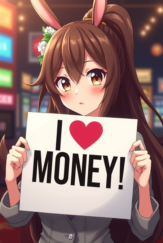 A poster with the words "I ♡ MONEY!". a beautiful bimbo holding the poster, beautiful girl, cute, Brown Hair, Bunny girl:1.5, Casino background, Long Hair, ponytail, Anime Style