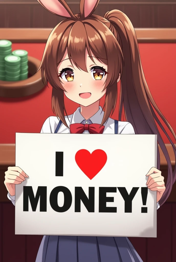 A poster with the words "I ♡ MONEY!". a beautiful bimbo holding the poster, beautiful girl, cute, Brown Hair, Bunny girl:1.5, Casino background, Long Hair, ponytail, Anime Style