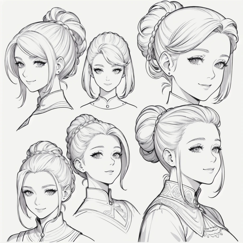 masterpiece, solo, line drawing background, white background, monochrome, line drawing, ((sketch))
head shots. Reference sheets. Character design. 80 years elderly white woman. ((Updo hair)). ((WHITE HAIR)). Rounded face. 
Smiling. ((Reference drawing sheet) bold line art drawings. White background. 
FRONTAL SHOT. 
[[MONOCHROME]]