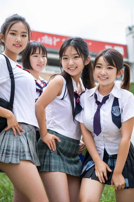 （8k、Raw photography、Highest quality、masterpiece：1.2),(Black Hair:1.5),(Mr...々Cute hairstyle、Bobcut、Very short hair、ponytail、Twin tails:1.4),(6 high school girls、The girls are all very beautiful、Wearing uniform:1.6)、(Checked skirt: 1.2)、(Clothing that emphasizes the shape of your chest、Big Breasts:1.6)、(Group attendance at school:1.4)、Ultra-high resolution,(grassland:1.3)、(Japanese women: 1.2),（Photorealistic：1.37）、Photon Mapping,reality、(Everyone is so cute, like an idol: 1.7)、(Cute Smile: 1.7)、(Round face: 1.8)、(Baby Face: 1.2)、Radio City、Physically Based Rendering、Depth of field rally background、photograph, (Wearing a skirt that is too short: 2.0)、((Ultra mini skirt、Her skirt is short、White panties are visible..:1.4)),(All of them are wearing very short skirts、Angle from below、Beautiful thighs and panties: 1.5)、whole body、Super Fine、((Showing panties:1.4)),(6 high school girls lift up the skirt:1.39)、A very cute young-looking girl:1.2、Slim body,Thin legs,(Very small face),(Browsing Caution:1.15)