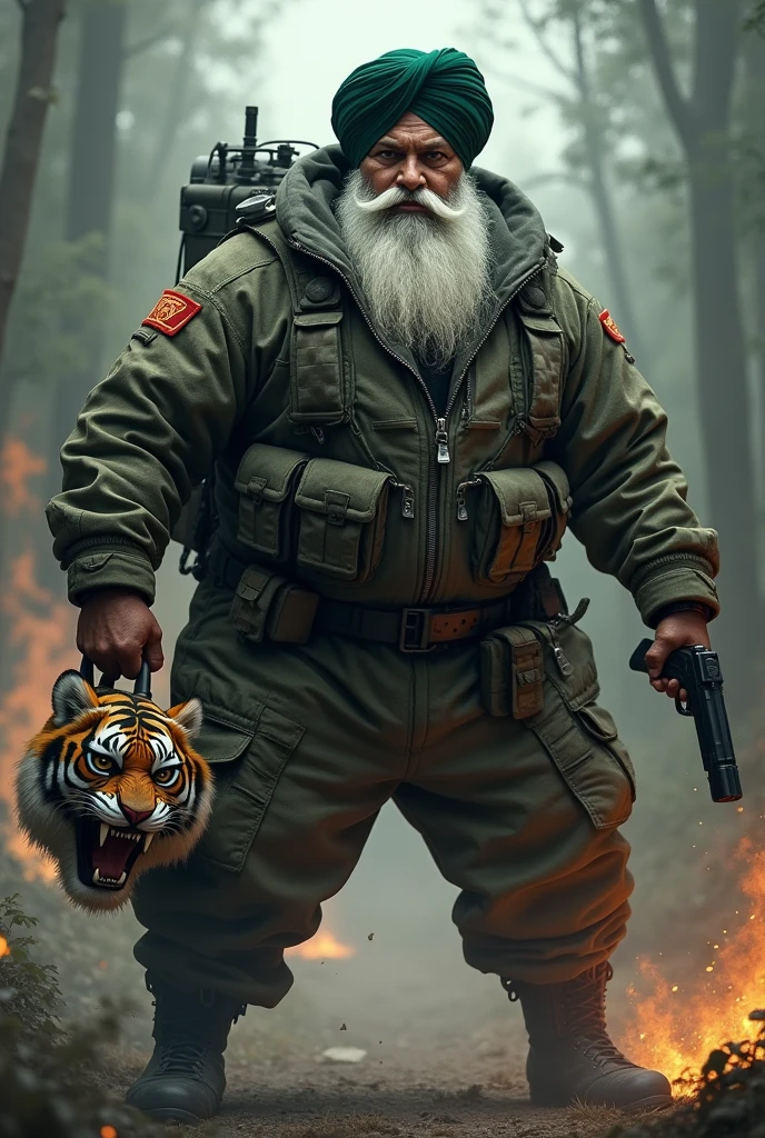 (a dark-skinned fat muscular white bearded sikh old man in a bulky army camouflage zipper diver suit) carrying a gun in right hand, (carrying realistic roaring tiger mask in left hand), dynamic action pose, fierce expression, showcasing an imposing stature, surrounded by military elements, dramatic shadows and intense highlights, cinematic color tones, high detail, powerful, art influenced by Bruce Onobrakpeya and Stanley Artgerm, ultra-detailed, best quality image, action-packed atmosphere. fighting stance
