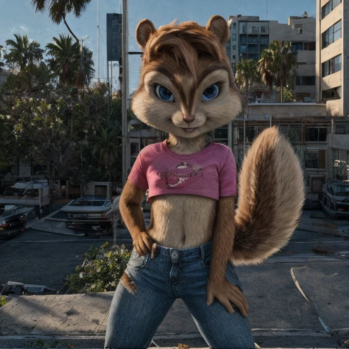 score_9, score_8_up, score_7, score_6, park, brittany miller, chipmunk, furry, short ears, light pink top, jean shorts with patches, standing, looking at viewer, 6 inches tall