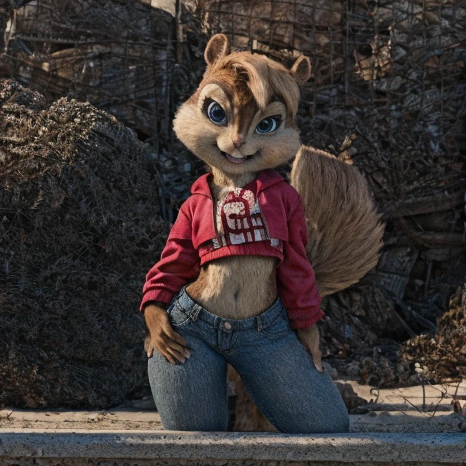 score_9, score_8_up, score_7, score_6, Los Angeles, brittany miller, chipmunk, furry, short ears, black leather jacket, jeans, light pink shirt, looking at viewer , 6 inches tall,