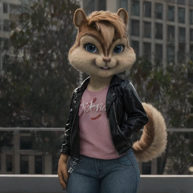 score_9, score_8_up, score_7, score_6, Los Angeles, brittany miller, chipmunk, furry, short ears, black leather jacket, jeans, light pink shirt, looking at viewer , 6 inches tall,
