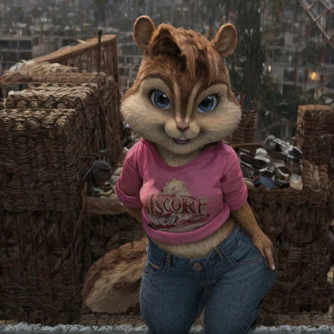 score_9, score_8_up, score_7, score_6, Los Angeles, brittany miller, chipmunk, furry, short ears, black leather jacket, jeans, light pink shirt, looking at viewer , 6 inches tall,