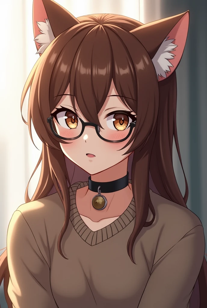 adult anime cat male in his 20s, lithe masculine frame, long brown hair, looking at viewer, bell collar around neck, wearing sweater, curious expression, blur eyes and glasses