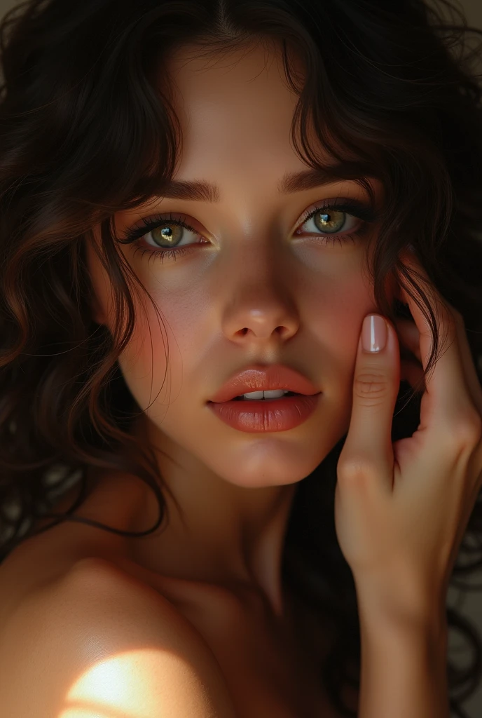 photorealistic, 1girl, beautiful detailed eyes, beautiful detailed lips, extremely detailed face, longeyelashes, woman touching herself sensually, intimate, erotic, alluring, soft skin, glowing skin, intricate details, chiaroscuro lighting, dramatic lighting, deep shadows, warm color palette, subtle color grading, oil painting, highly detailed