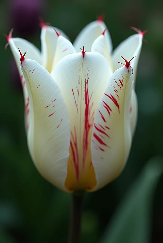 A flower that lives by blood, not by water, She is white and looks like a star, She seems to be a good flower but at the first chance she puts her thorns in a body and sucks its blood she has red details and thorns she is a tulip



