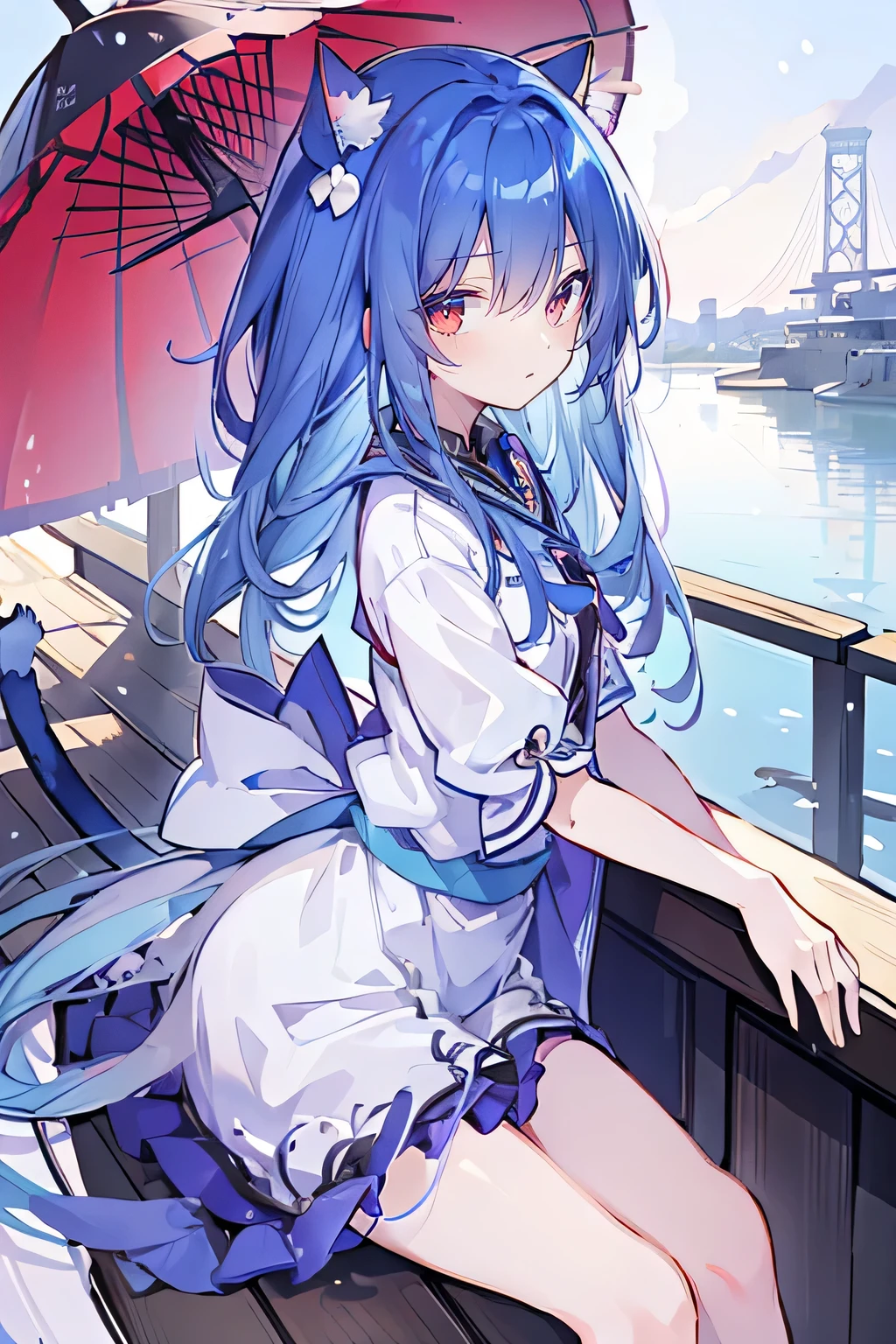 (masterpiece:1.2),Ultra-detailed,lifelike,The eyes are expressive,Fair skin,Perfect face shape,1 girl,
Japanese Manga,Gorgeous blue hair,Flowing blue hair,Flowing clothes,Cat's ears,Petals falling,Beautiful Lola,little angel,
Cross your legs,Gentle and peaceful background,The pavilion is cool and comfortable,Smile,Tokyo background,background,snow,winter,Back。
