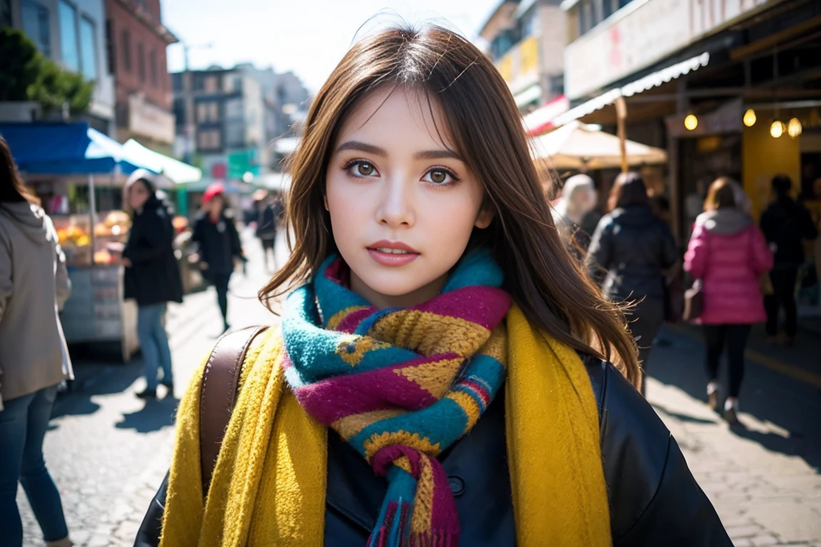 a beautiful woman in a boho outfit, wearing a colorful scarf, standing at a busy street market, detailed facial features, muito detalhado, masterpiece, photorealestic, dramatic lighing, Vivid colors, atmospheric atmosphere, cinematic composition, Street photography style, warm tones, Natural light, open moment, Environmental portrait