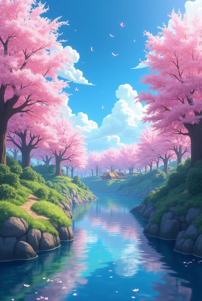 In a world where technology and nature coexist, A calm anime landscape spreads out before your eyes.. Towering, A forest full of old cherry trees, Delicate pink petals sway in the breeze. The clear blue sky overhead、Acts as a canvas for the sun's golden light, warm cast, The etheric glow that covers the earth. A winding river meanders through the landscape, That clear sea、Reflects the vibrant colors of its surroundings. far away, thatched roof house々A traditional Japanese village lined with streets lit by lanterns.、Gives you a sense of timeless tranquility. When the sun sets and evening comes, Appearance of fireflies, Create a magical light dance in this enchanting animated world.