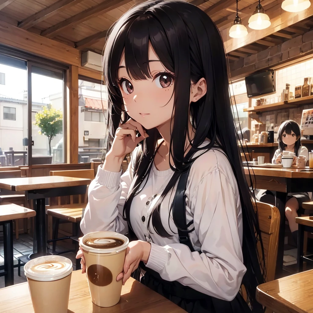 Black hair long hair woman、Cafe、coffee、relax
