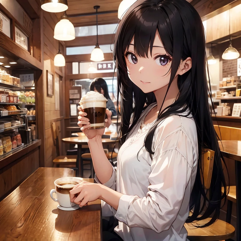 Black hair long hair woman、Cafe、coffee、relax

