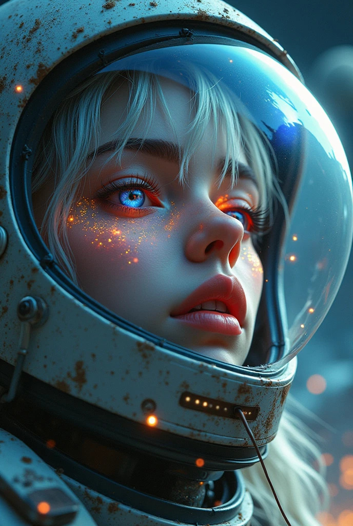 (Close-up of a better masterpiece:1.5)0.9], (Space and astronauts:1.2) (Messy silver hair:1.1) (Heterochromia xanthochromia and blue eyes:1.2) (Space Helmet:1.0) (Colored stars in the eyes:1.0) (A radiant glow:1.1) (thick lips:0.9)