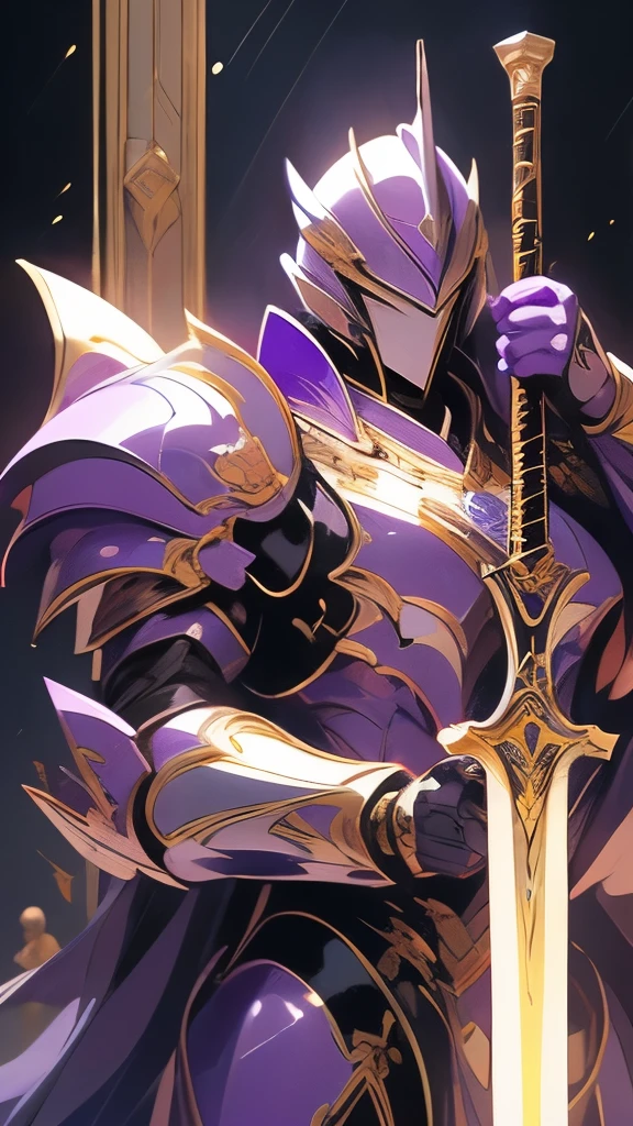a painting of a man in armor holding a sword, purple armor, by Roman Bezpalkiv, gold heavy armor. dramatic, by Carlos Berlanga, by Auseklis Ozols, sleek purple armor, by Wladyslaw Strzeminski, ares with heavy armor and sword, powerful warrior, by Slawomir Maniak