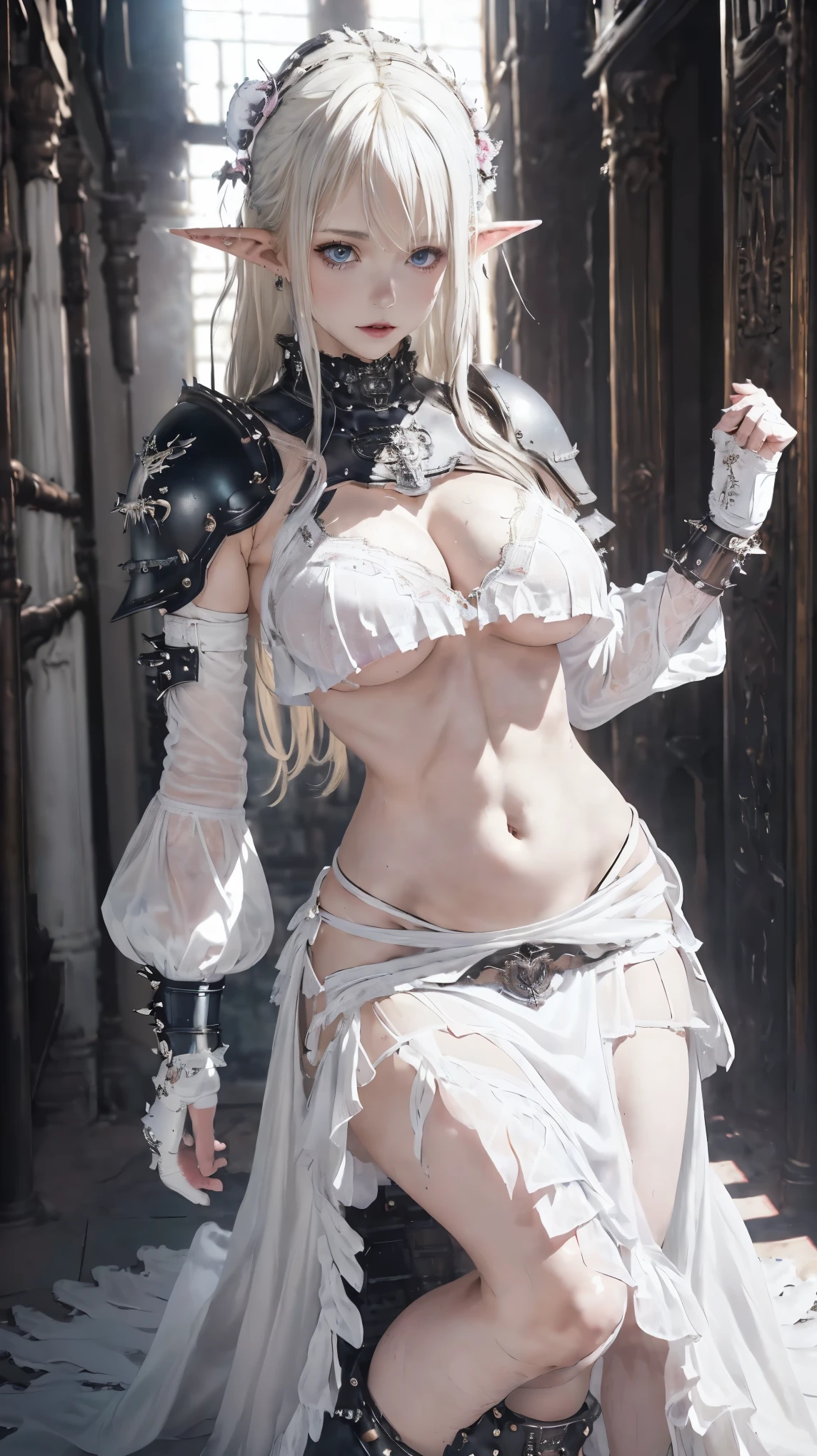 (1woman:1.5),(Leather boots,(asymmetrical mechanical armor),(White lace long dress with embroidery,See through,Lifting the hem of the dress)),(Thin type:1.8),(Large Breasts),(Best image quality,(8k), ultra-realistic, 最high quality, high quality, High resolution, High quality texture, Attention to detail, Beautiful details, Fine details, Highly detailed CG, Detailed Texture, Realistic facial expressions, masterpiece, before),(erotic cute clothes:1.7), (underboob:1.5),blushing,(white dress:1.5),(navel),thighhighs,(white punk style:1.5),longhair,(((elf))), holy knight, (spiritual、Holy Vestment), cleavage, blonde hair, Blue eyes, 