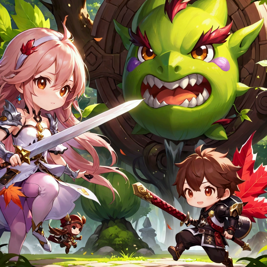 a close up of a cartoon character with a sword and a girl, maplestory, character art of maple story, 2. 5 d cgi anime fantasy artwork, mobile game art, maple story, epic rpg artwork, fantasy game art style, detailed digital 2d fantasy art, rpg artwork, jazza and rossdraws, 2d game fanart, epic fantasy art style