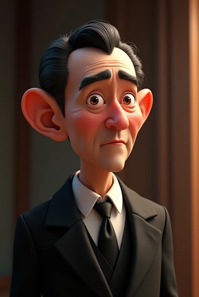 animated image of a black haired man, big nose, pronounced eyebrows big ears, small lips of advanced age that looks like a president dressed in a formal black suit that looks tender