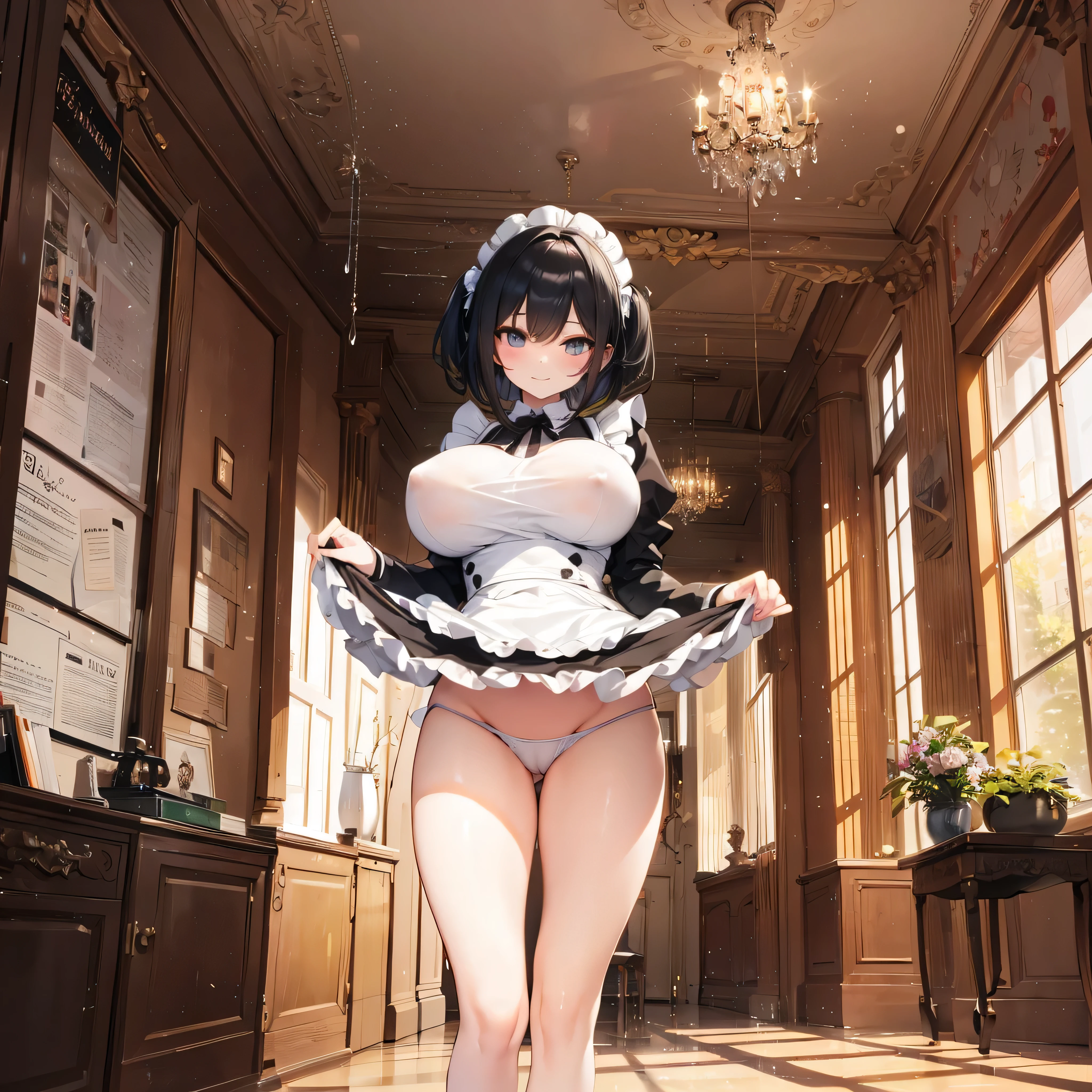 (solo:1.2), (1 skinny maid standing) in hallway, (curtsey:1.3), skinny, maid dress, short black hair, long sidelocks, bangs, BREAK, short torso, white apron cinches waist too tight, (inconceivably narrow waist:1.2), long skinny legs, (bursting huge breasts), BREAK, (both hands lifting too short skirt up), (show off white string panty), BREAK, nsfw, cameltoe, orgasm, forced smile