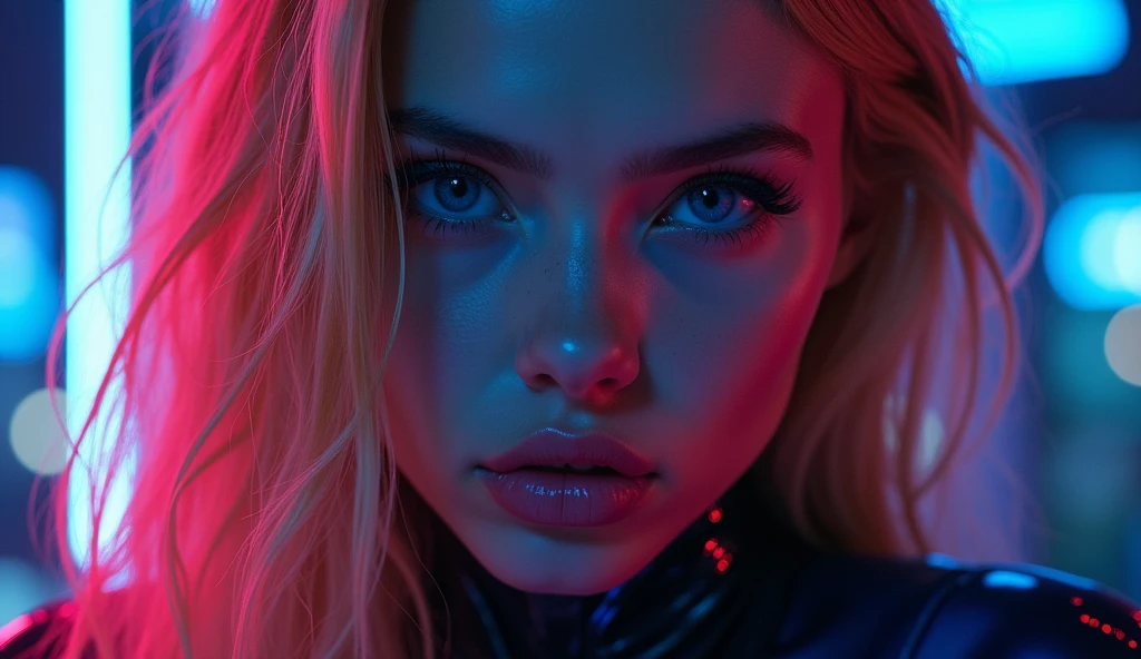 ((best quality)), ((masterpiece)), (detailed), ((background Cyber)), wet look, ((blond long Hair)), ((Intricate detailing, in the night time, Contre-Jour, random neon color, View from afar, random pose, blue latex bodysuit, face focus, hell picture, light face))