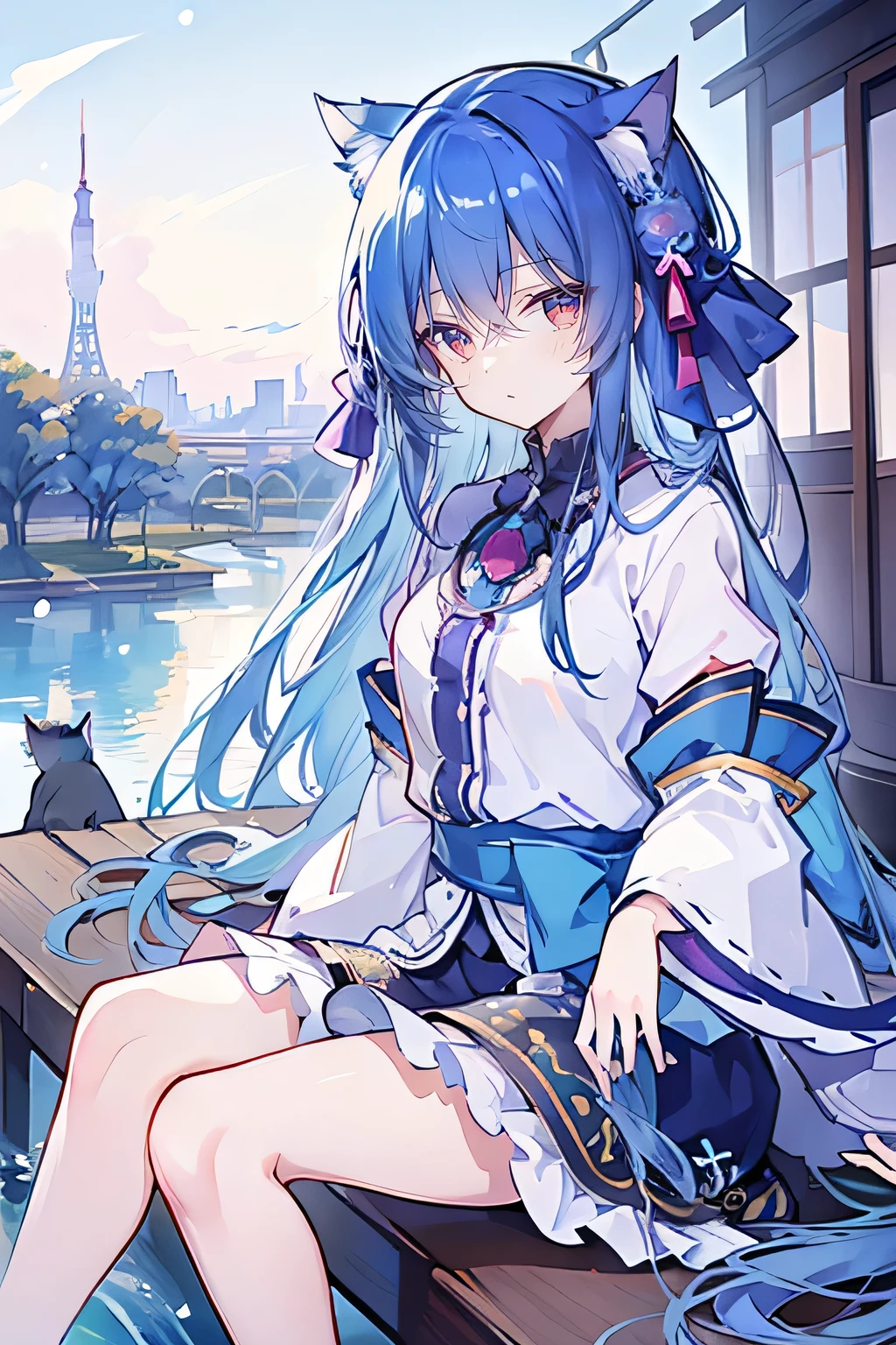(masterpiece:1.2),Ultra-detailed,lifelike,The eyes are expressive,Fair skin,Perfect face shape,1 girl,
Japanese Manga,Gorgeous blue hair,Flowing blue hair,Flowing clothes,Cat's ears,Petals falling,Beautiful Lola,little angel,
Cross your legs,Gentle and peaceful background,The pavilion is cool and comfortable,Smile,Tokyo background,background,snow,winter,Back。