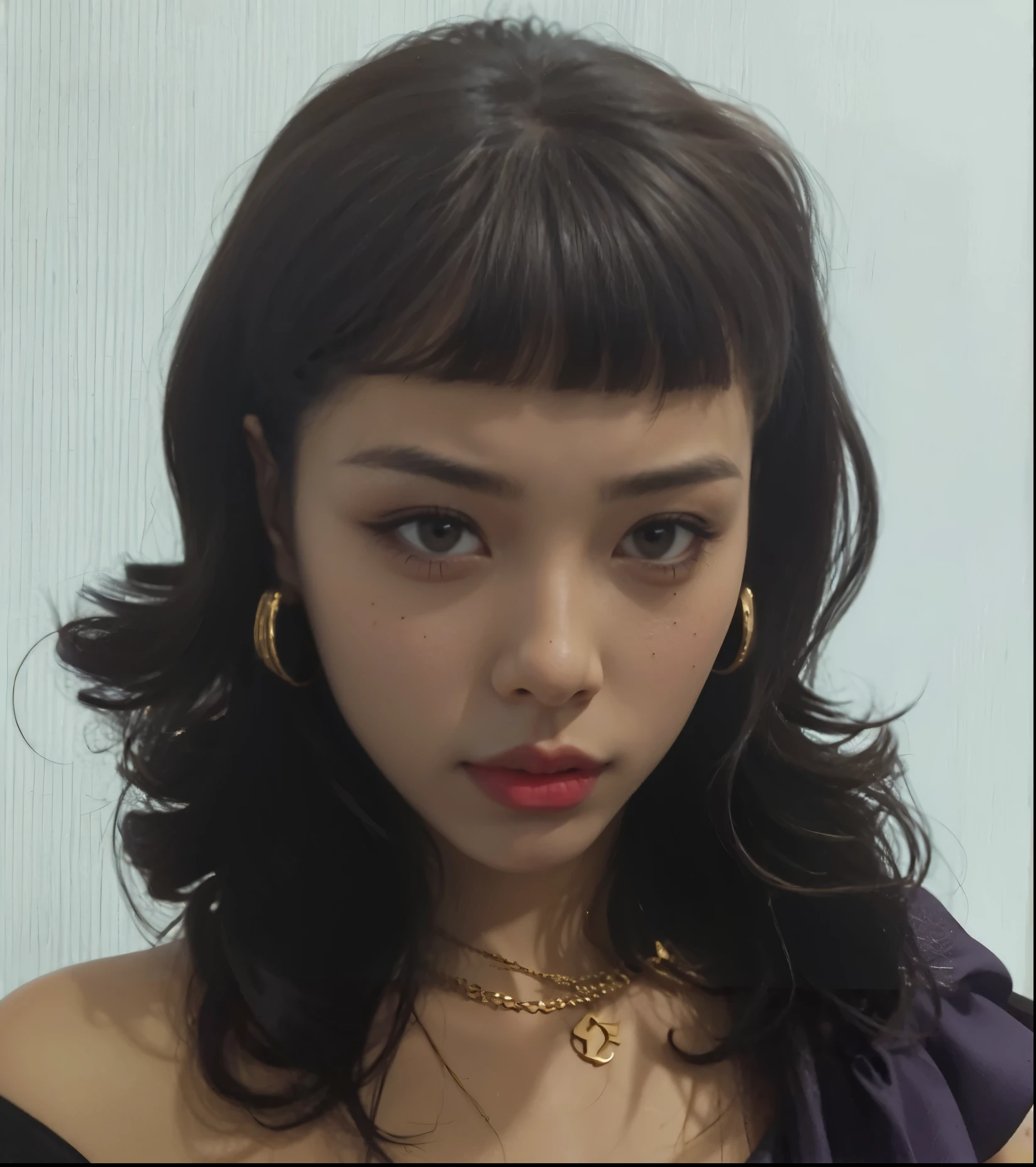there is a woman with curly hair wearing a hat and bra, franja encaracolado, wearing a chocker and cute hat, Melanie Martinez, cabelos cacheados, encaracolado, Ela parece uma mistura de Grimes, (cabelos cacheados escuros e curtos), with a weird hat, cabelo encaracolado preto, parece uma mistura de grimes, Tessa Thompson inspirada, imagem de perfil, franja fofa