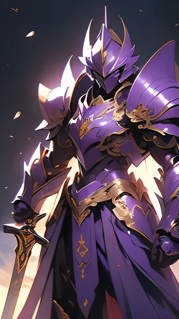 a painting of a man in armor holding a sword, concept art by Roman Bezpalkiv, trending on cgsociety, fantasy art, purple armor, gold heavy armor. dramatic, sleek purple armor, ares with heavy armor and sword, powerful warrior, ancient warrior, wearing dark purple armor, male warrior, fantasy warrior, persian warrior, fantasy paladin