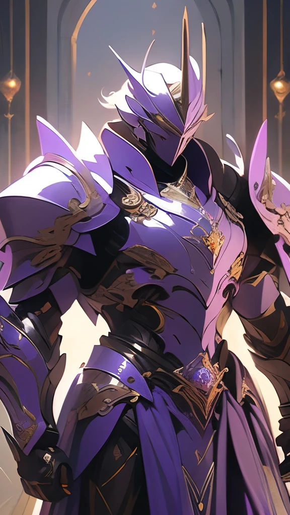 a painting of a man in armor holding a sword, concept art by Roman Bezpalkiv, trending on cgsociety, fantasy art, purple armor, gold heavy armor. dramatic, sleek purple armor, ares with heavy armor and sword, powerful warrior, ancient warrior, wearing dark purple armor, male warrior, fantasy warrior, persian warrior, fantasy paladin