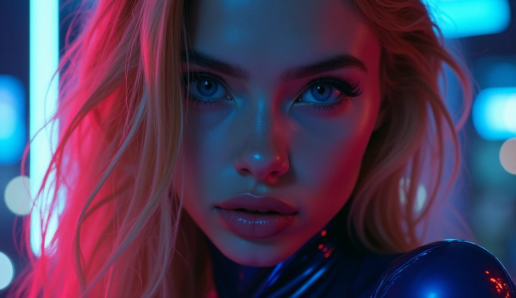 ((best quality)), ((masterpiece)), (detailed), ((background Cyber)), wet look, ((blond long Hair)), ((Intricate detailing, in the night time, Contre-Jour, random neon color, View from afar, random pose, blue latex bodysuit, face focus, hell picture, light face, big boobs))